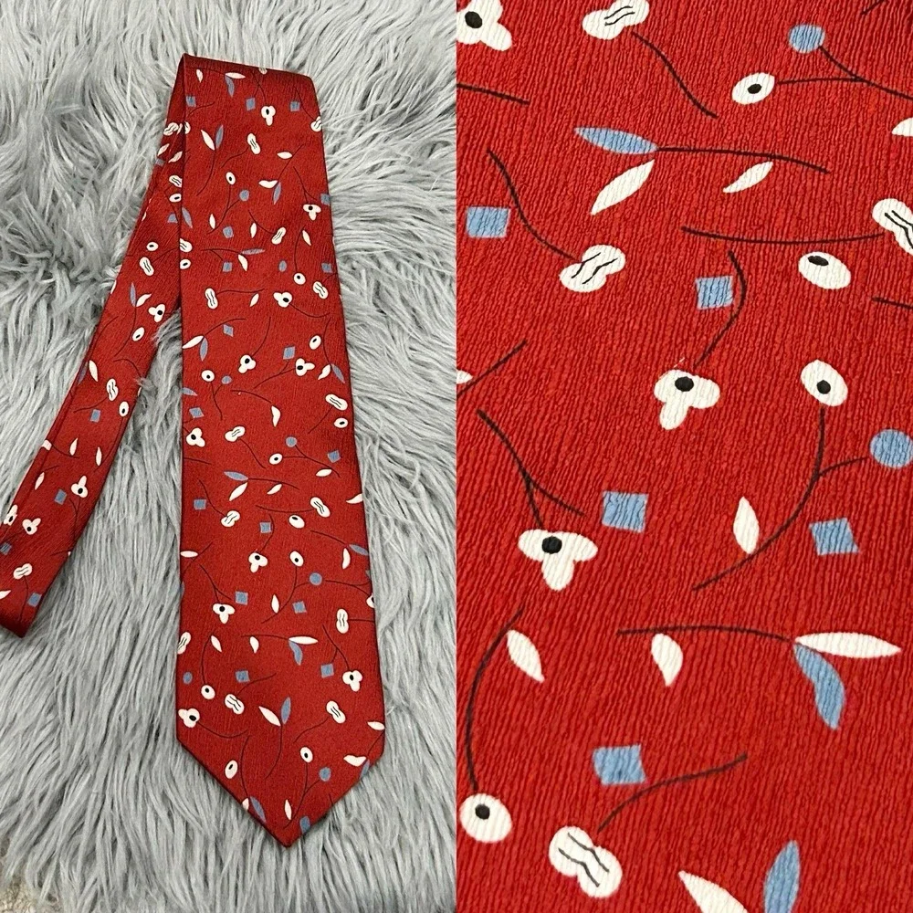 Vintage Structure Red Mens Floral Neck Tie‎ 100% Silk Made In USA